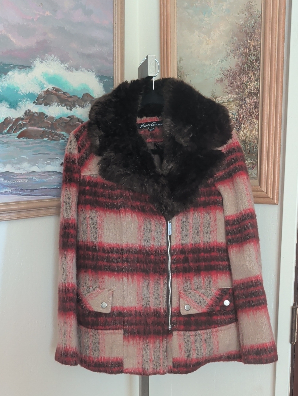 Kenneth Cole New York Red & Beige Plaid Wool-Blend Pea Coat with Faux Fur Collar